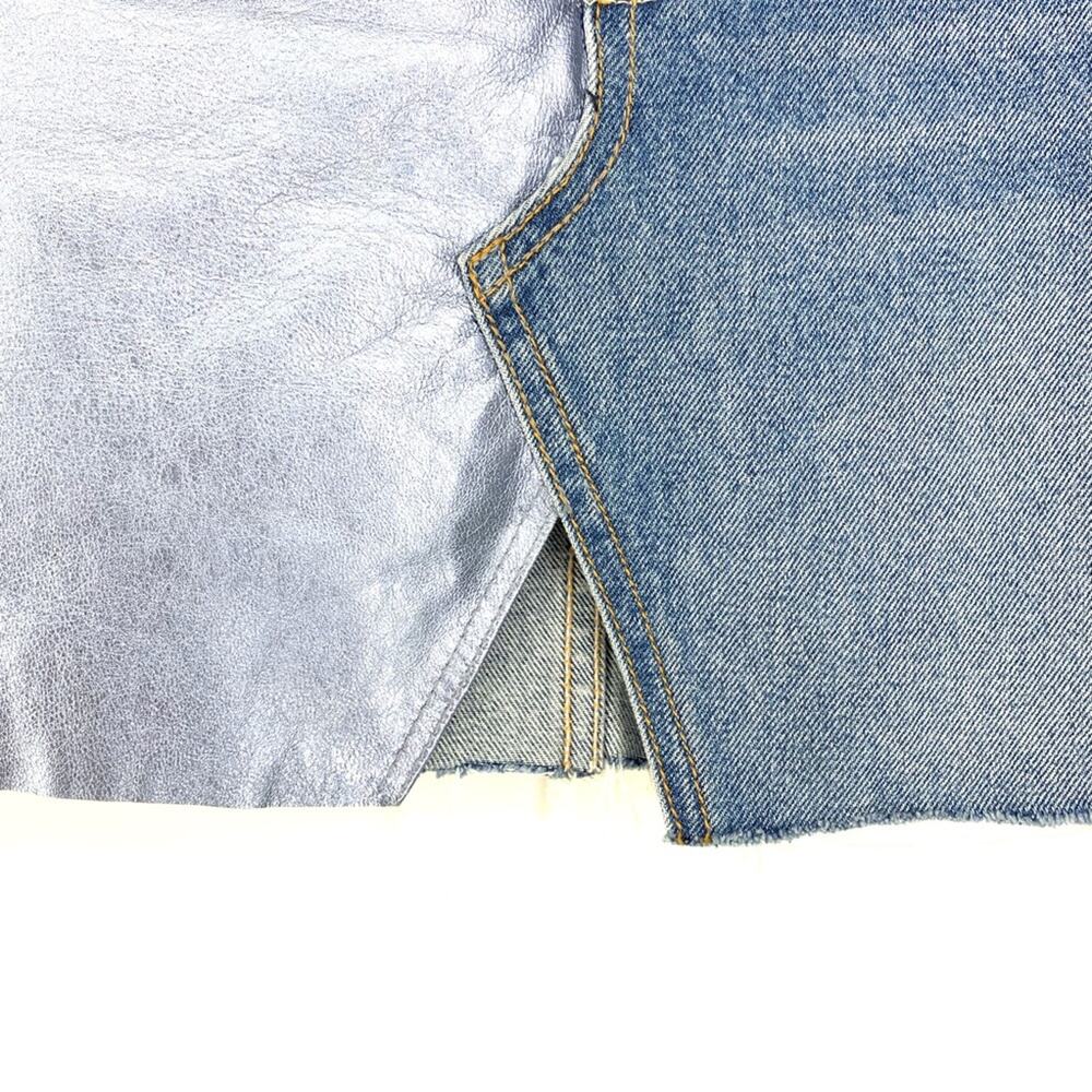 Grlfrnd Milla Women's Size 29 Light Wash Mini Skirt Metallic Leather Panel Denim - Picture 7 of 8